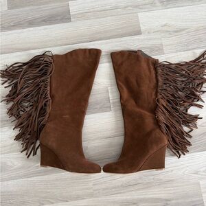 Suede Fringe Knee-High Wedge Boots
